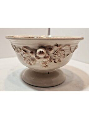 Vintage Ceramic Fruit Leaf Pedestal Bowl Tan with Brown 4" Tall by 6.5" Wide